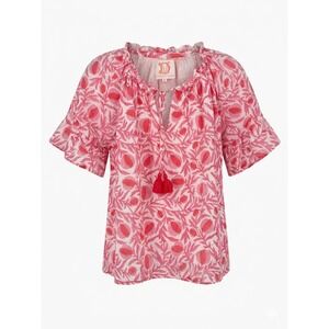 Victoria Dunn Pink Pomegranate Block Print Tassel Tie Cotton Blouse M